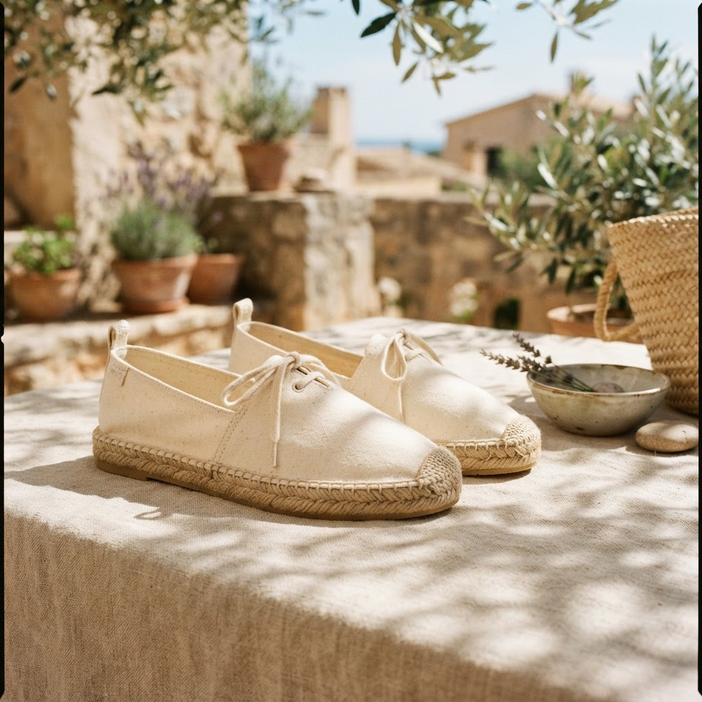 Woven jute espadrilles on a sunlit linen surface