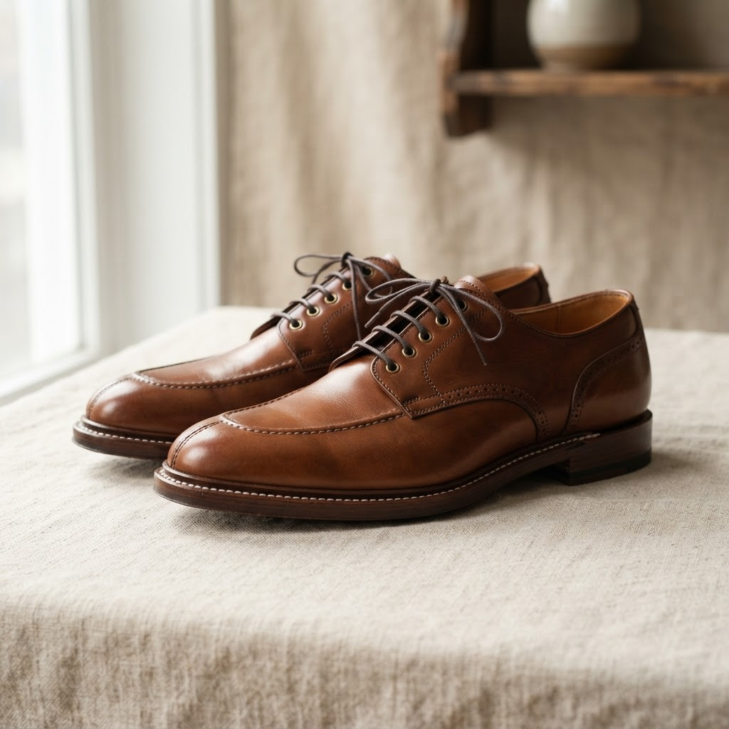 Close-up of finely finished leather shoes with visible hand stitching