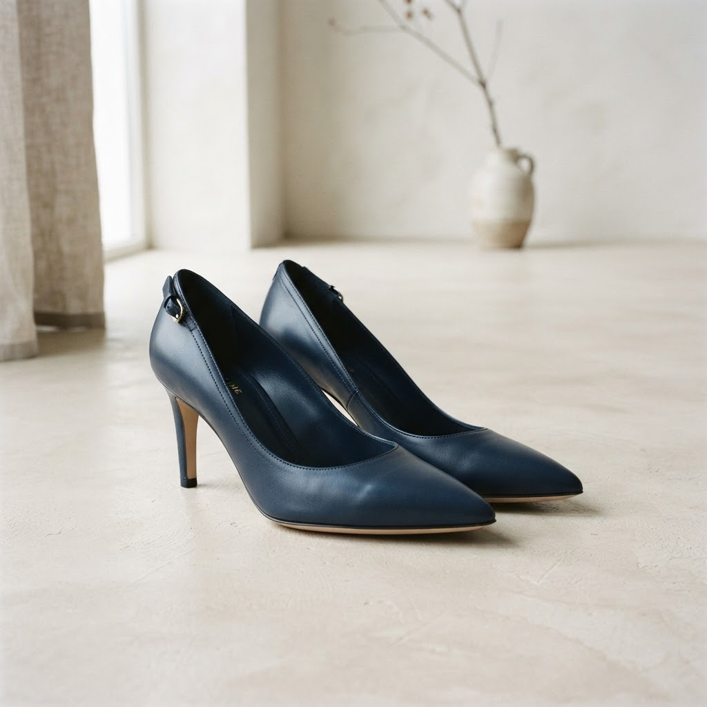 Navy leather salon pumps in a bright, minimalist room