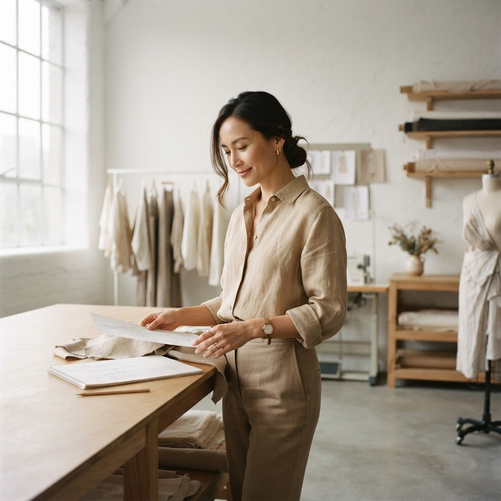 Portrait of a female designer in a bright minimalist atelier